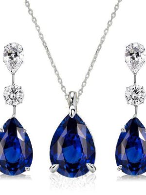 Blue Sapphire Pear Sterling Silver Necklace & Earrings Set - Rhodium Plated