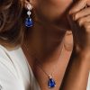 Blue Sapphire Pear Sterling Silver Necklace & Earrings Set - Rhodium Plated