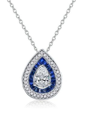 Sterling Silver Double Halo Pear Cut Blue & White Sapphire Pendant Necklace