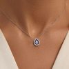 Sterling Silver Double Halo Pear Cut Blue & White Sapphire Pendant Necklace