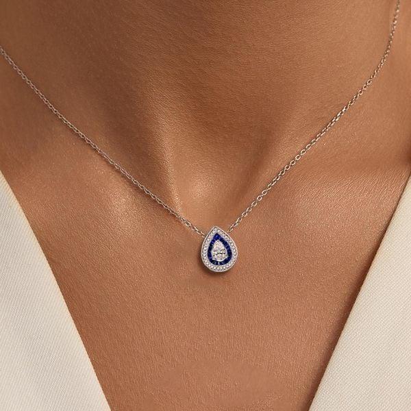 Sterling Silver Double Halo Pear Cut Blue & White Sapphire Pendant Necklace