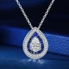 Sterling Silver Double Halo Pear Cut Blue & White Sapphire Pendant Necklace