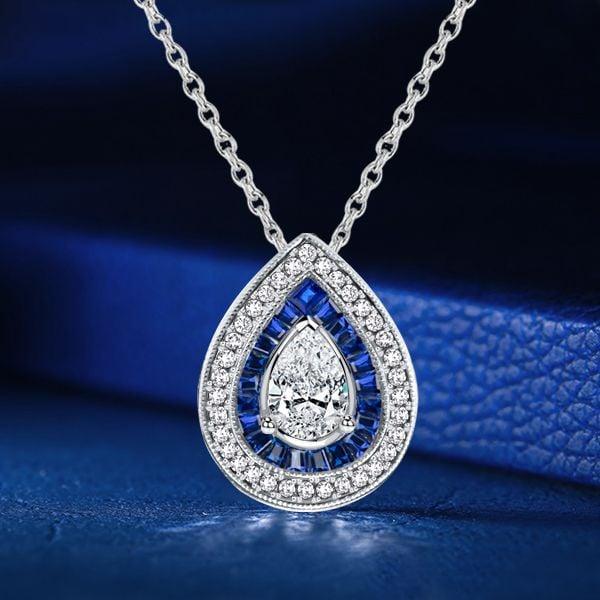 Sterling Silver Double Halo Pear Cut Blue & White Sapphire Pendant Necklace