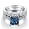 Princess Cut Blue Topaz Engagement Ring Set - 925 Sterling Silver Bridal Set