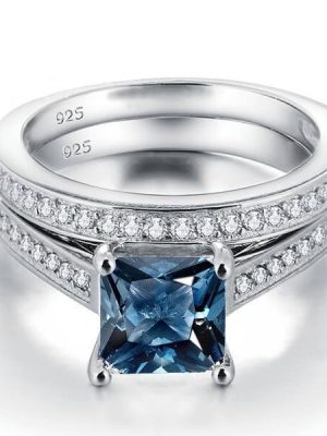 Princess Cut Blue Topaz Engagement Ring Set - 925 Sterling Silver Bridal Set
