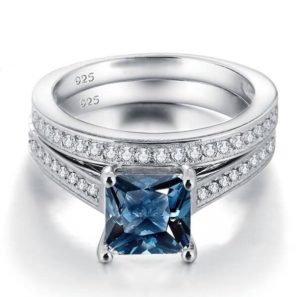 Princess Cut Blue Topaz Engagement Ring Set - 925 Sterling Silver Bridal Set