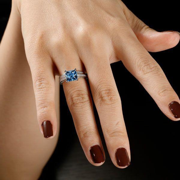 Princess Cut Blue Topaz Engagement Ring Set - 925 Sterling Silver Bridal Set