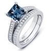 Princess Cut Blue Topaz Engagement Ring Set - 925 Sterling Silver Bridal Set