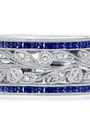 Round Cut White & Blue Sapphire Wedding Band in 925 Sterling Silver