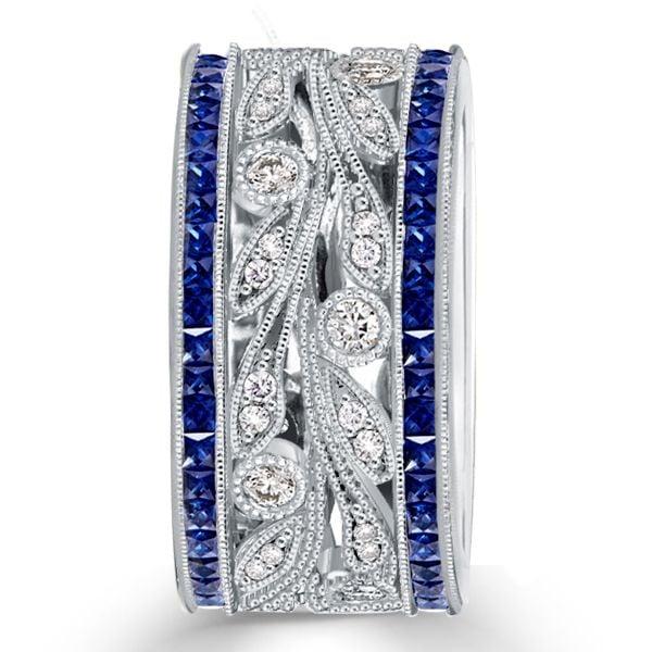 Round Cut White & Blue Sapphire Wedding Band in 925 Sterling Silver