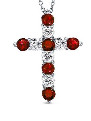 Garnet & White Sapphire Cross Pendant Necklace - Sterling Silver