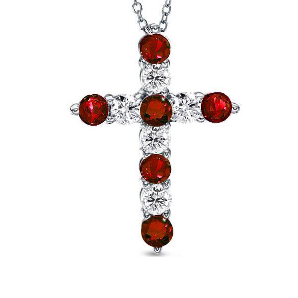 Garnet & White Sapphire Cross Pendant Necklace - Sterling Silver