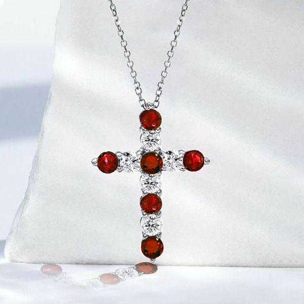 Garnet & White Sapphire Cross Pendant Necklace - Sterling Silver