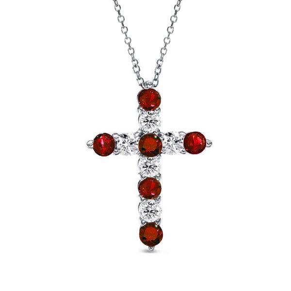 Garnet & White Sapphire Cross Pendant Necklace - Sterling Silver