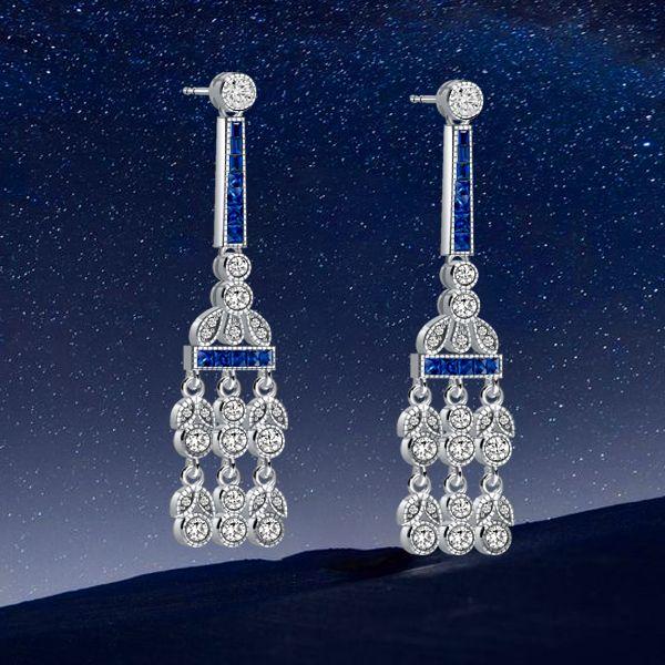 Blue & White Sapphire Chandelier Drop Earrings - Sterling Silver