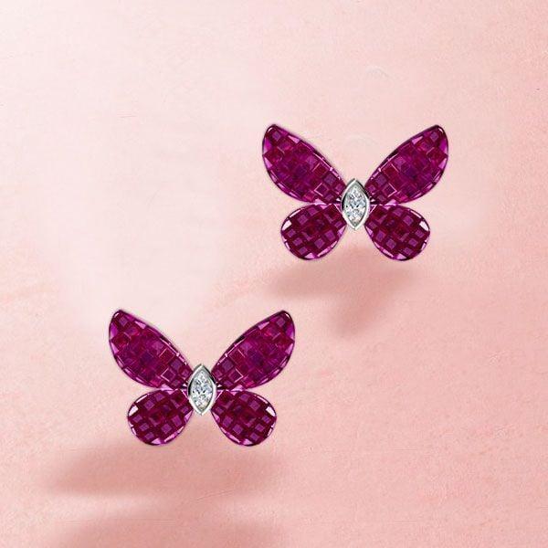 Dancing Butterfly Stud Earrings in 925 Sterling Silver with Ruby and Sapphire Accents for Women