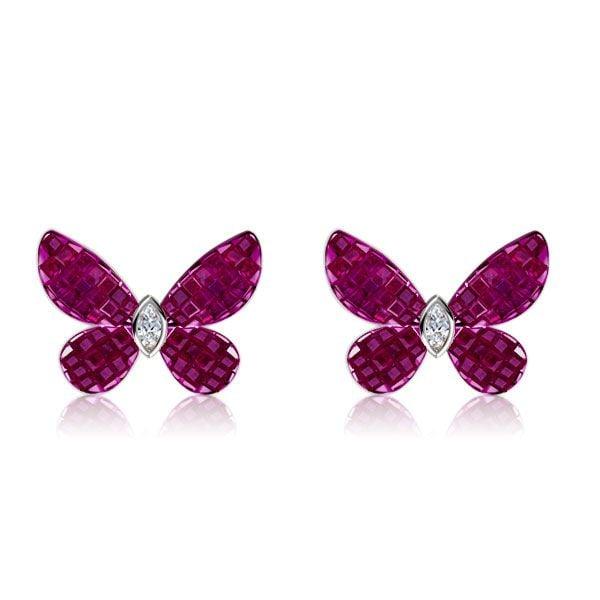 Dancing Butterfly Stud Earrings in 925 Sterling Silver with Ruby and Sapphire Accents for Women