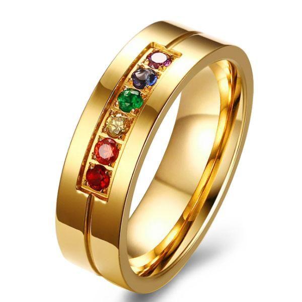 Rainbow Titanium Steel Gold Wedding Band - Durable & Stylish Comfort Fit
