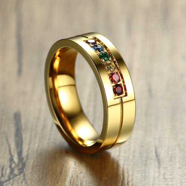 Rainbow Titanium Steel Gold Wedding Band - Durable & Stylish Comfort Fit