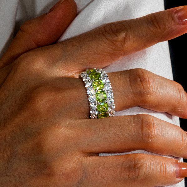 6.25 CTW Peridot Cushion Cut Eternity Wedding Band for Women in Sterling Silver
