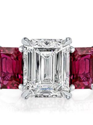 Three Stone Engagement Ring, 925 Sterling Silver, White & Ruby Sapphire