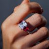 Three Stone Engagement Ring, 925 Sterling Silver, White & Ruby Sapphire