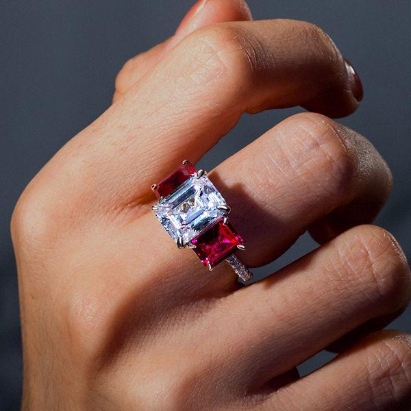 Three Stone Engagement Ring, 925 Sterling Silver, White & Ruby Sapphire