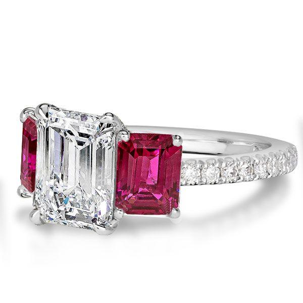 Three Stone Engagement Ring, 925 Sterling Silver, White & Ruby Sapphire