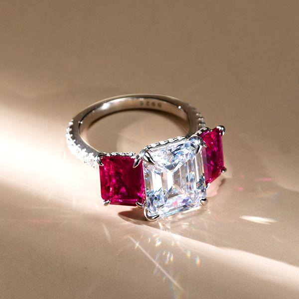 Three Stone Engagement Ring, 925 Sterling Silver, White & Ruby Sapphire