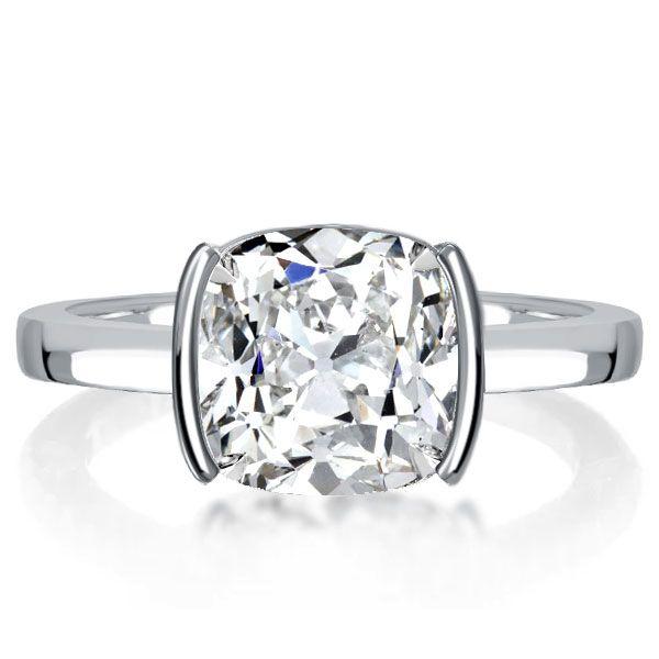 Cushion Cut Solitaire Engagement Ring - Half Bezel Setting in Sterling Silver