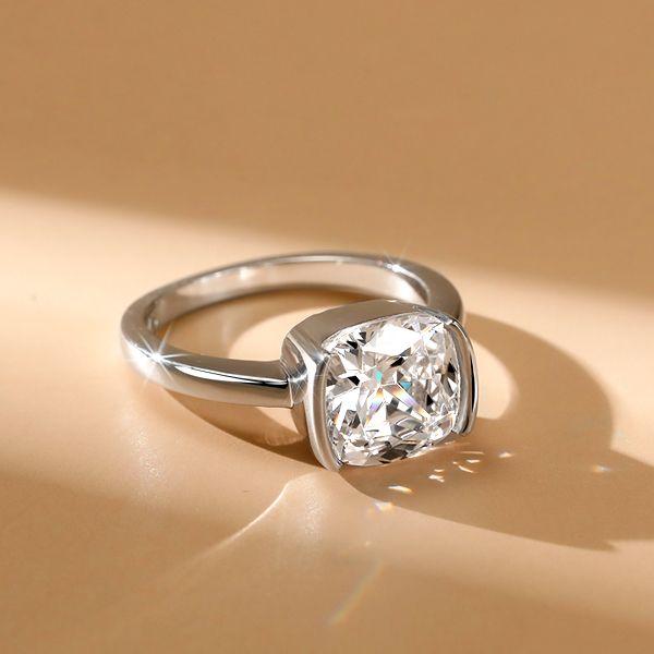 Cushion Cut Solitaire Engagement Ring - Half Bezel Setting in Sterling Silver