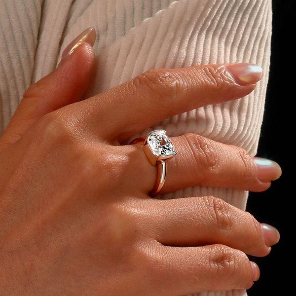 Cushion Cut Solitaire Engagement Ring - Half Bezel Setting in Sterling Silver