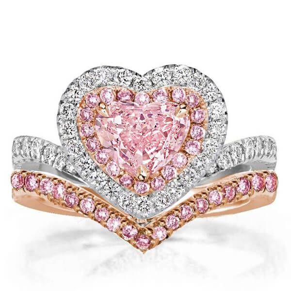 Halo Heart Cut Bridal Set - Two Tone Sterling Silver Wedding Ring Set