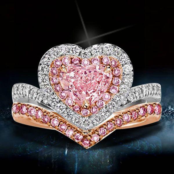 Halo Heart Cut Bridal Set - Two Tone Sterling Silver Wedding Ring Set