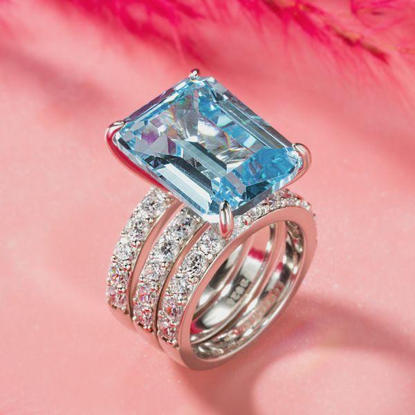 Emerald Cut Aquamarine 925 Sterling Silver 3PC Wedding Ring Set