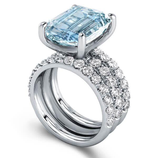 Emerald Cut Aquamarine 925 Sterling Silver 3PC Wedding Ring Set