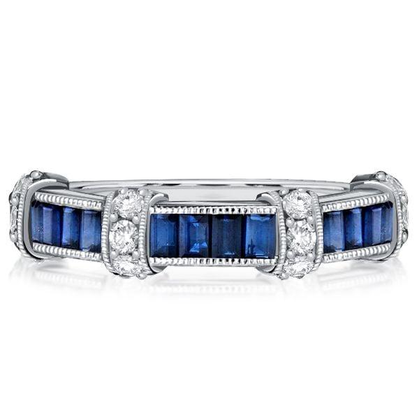 Vintage Style Baguette Cut Blue Sapphire Wedding Band in 925 Sterling Silver