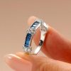 Vintage Style Baguette Cut Blue Sapphire Wedding Band in 925 Sterling Silver