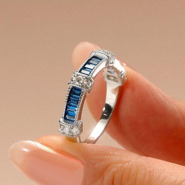 Vintage Style Baguette Cut Blue Sapphire Wedding Band in 925 Sterling Silver