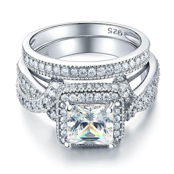 Halo Twist White Sapphire Bridal Set in Sterling Silver