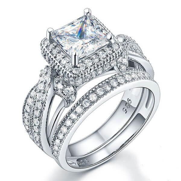 Halo Twist White Sapphire Bridal Set in Sterling Silver