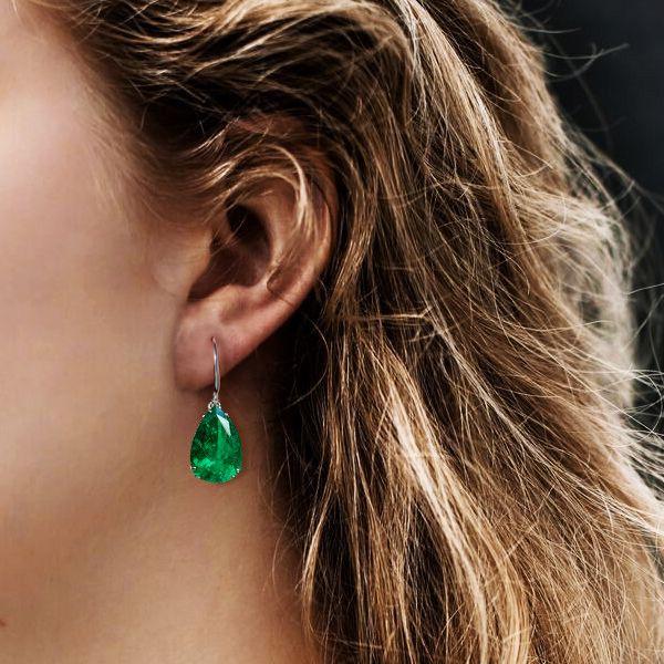 Emerald Sapphire Pear Drop Earrings - Sterling Silver Fish Hook Dangle Earrings