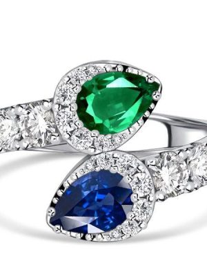 Pear Cut Emerald & Blue Sapphire Teardrop Ring in Sterling Silver
