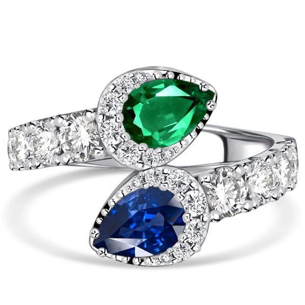 Pear Cut Emerald & Blue Sapphire Teardrop Ring in Sterling Silver