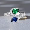 Pear Cut Emerald & Blue Sapphire Teardrop Ring in Sterling Silver