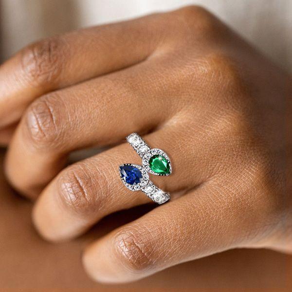 Pear Cut Emerald & Blue Sapphire Teardrop Ring in Sterling Silver