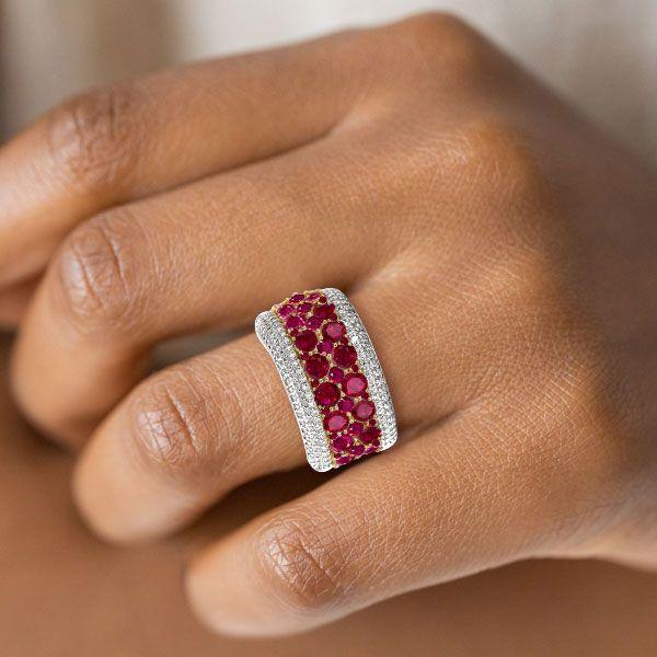 Ruby Wedding Band - Two-Tone Sterling Silver Multi-Row Promise Ring for Women