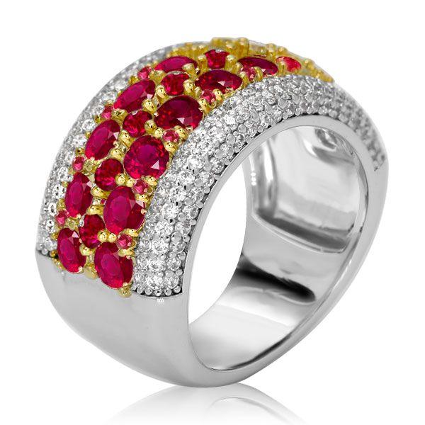 Ruby Wedding Band - Two-Tone Sterling Silver Multi-Row Promise Ring for Women
