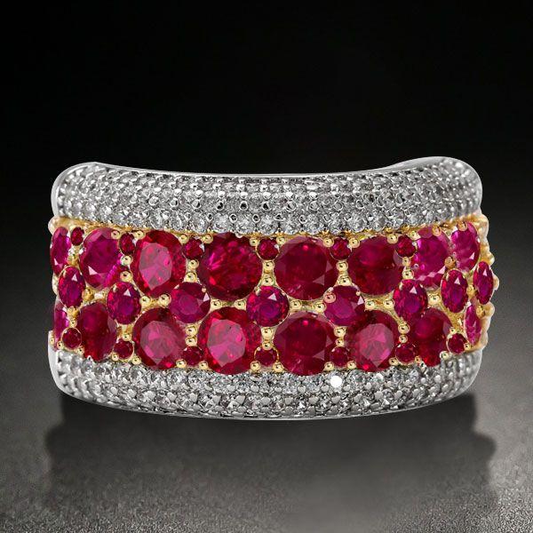 Ruby Wedding Band - Two-Tone Sterling Silver Multi-Row Promise Ring for Women