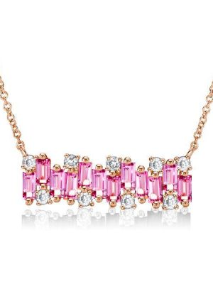 Rose Gold Pink Sapphire Baguette Bar Necklace for Women - Sterling Silver
